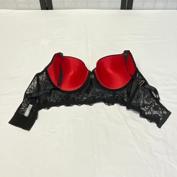 Daisy Fuentes Lace Long Line Hearts on Black Padded Underwire Bra Black Red 38DD - Picture 11 of 13